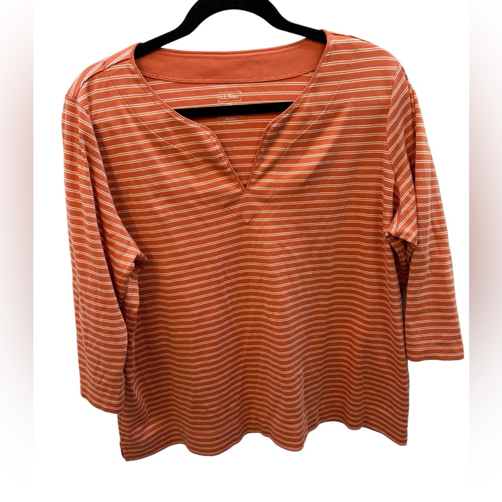 L.‎ L. Bean Women’s Supima Cotton Orange/White Stripes V-Neck Shirt Size 1X